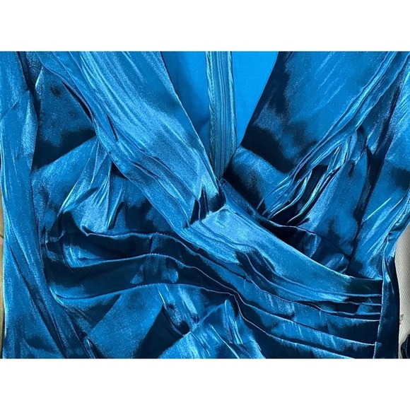 Cachet Blue Teal Satin Surplice Evening Blouse Ruched Waist 3/4 Sleeve Size 14 - Picture 7 of 10